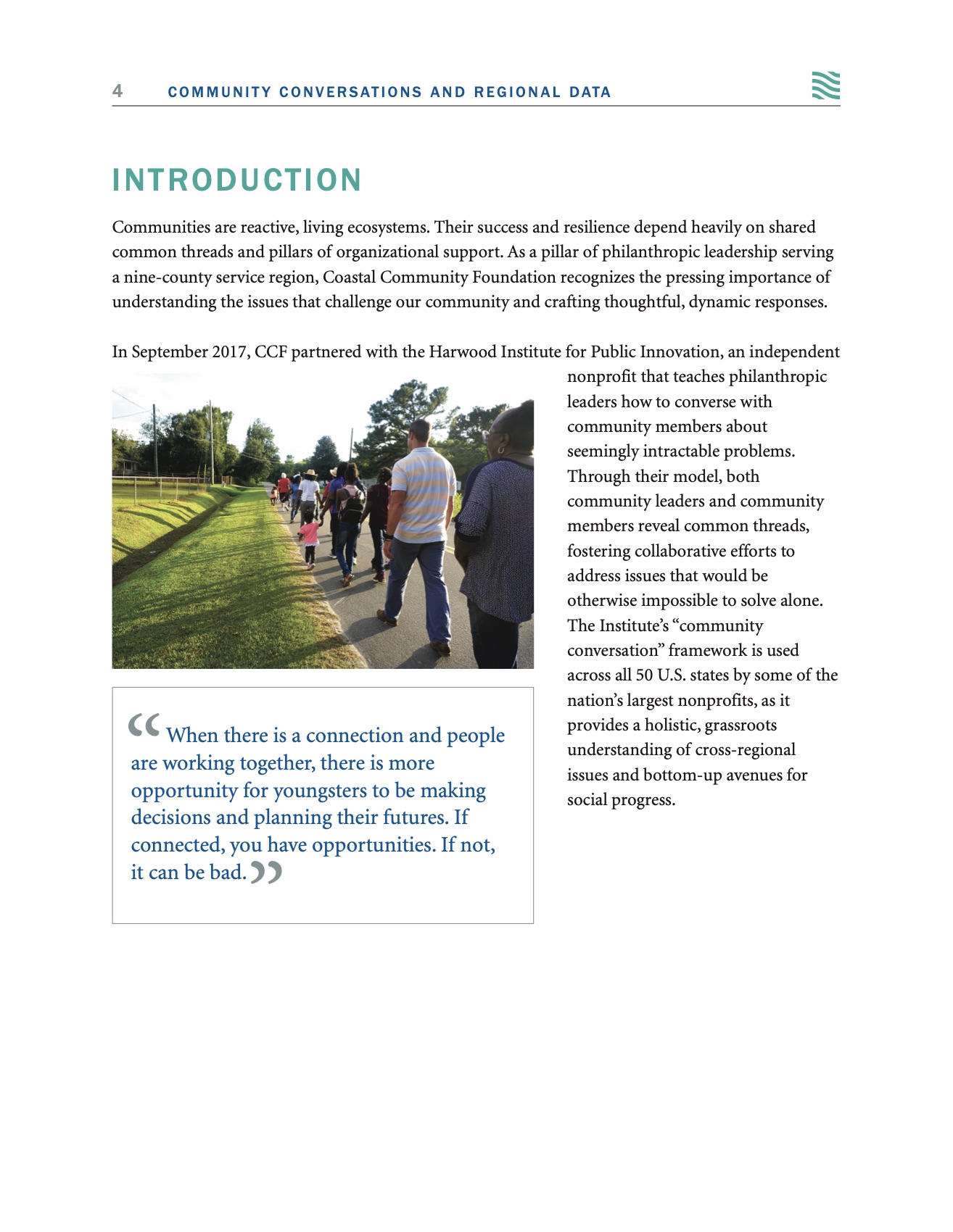 Introduction, with a photo of a community conversation