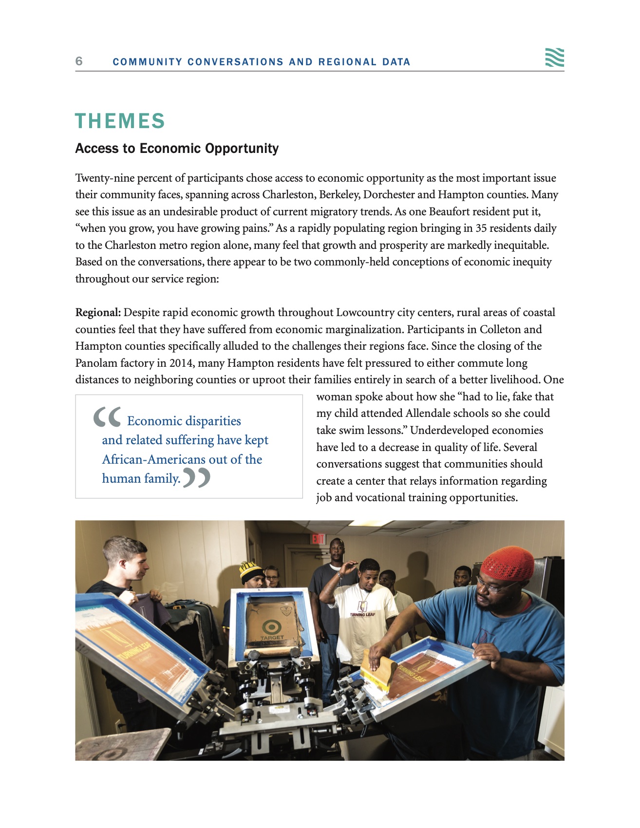 Themes: access to economic opportunity, with a photo of a job training session