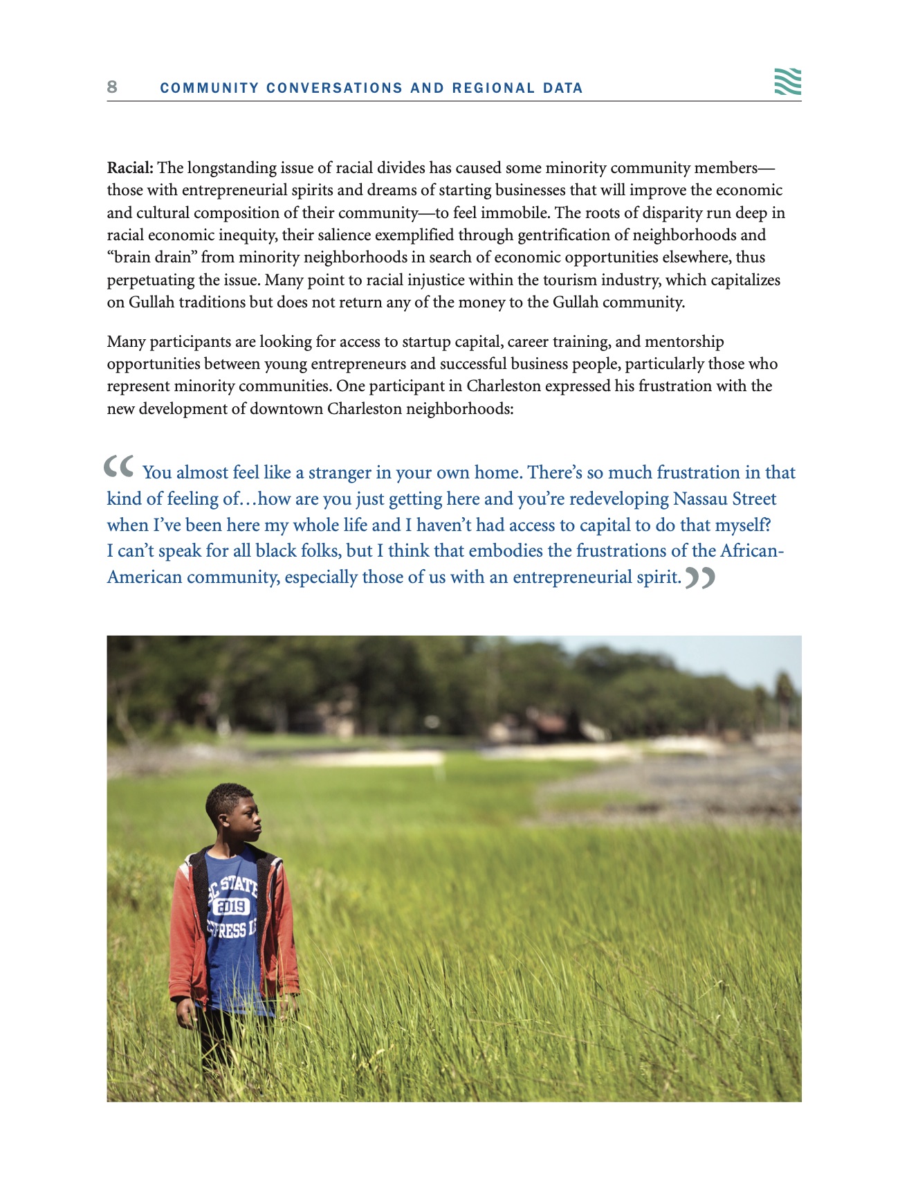 Economic opportunity continued, with a photo of a child in a marsh