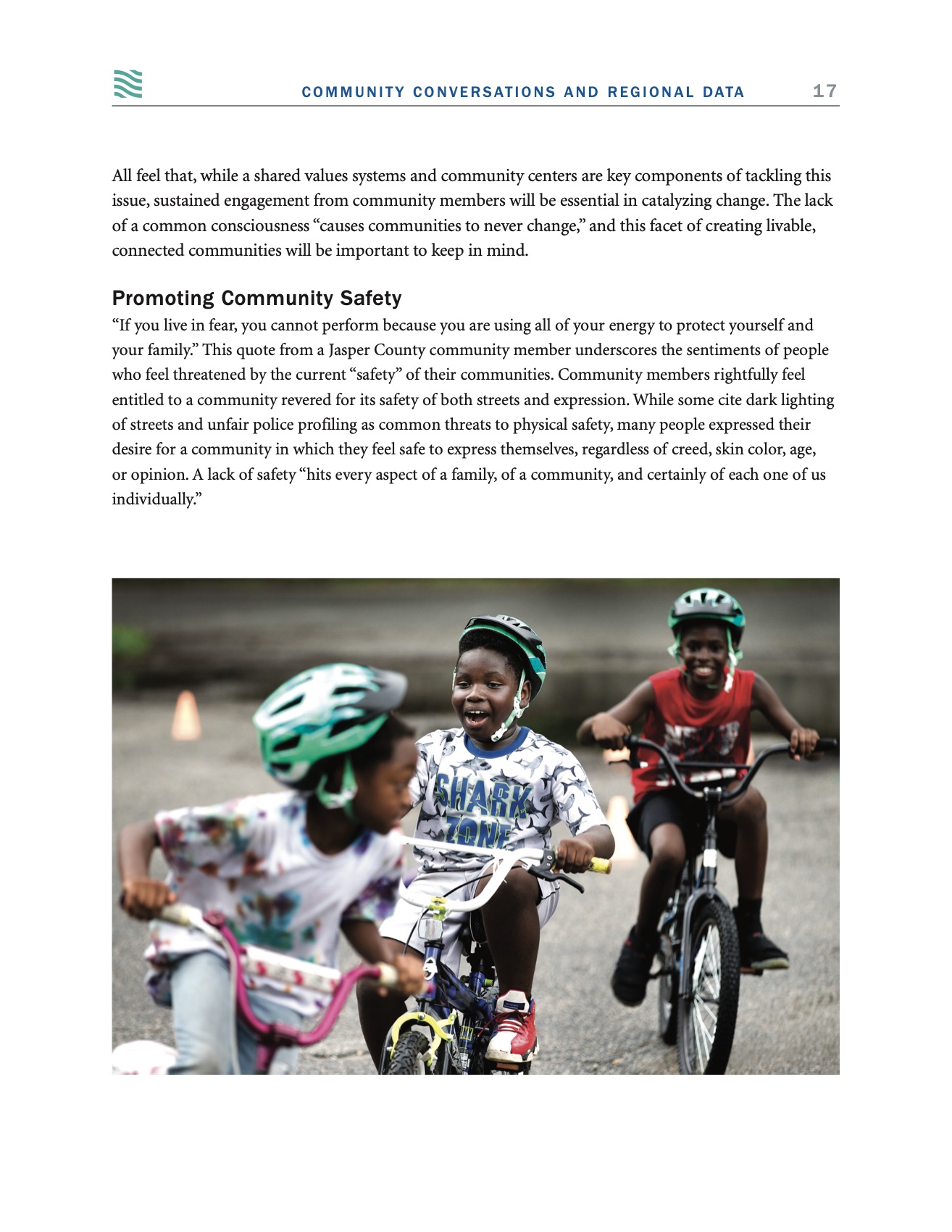 Promoting community safety, with a photo of kids on bikes