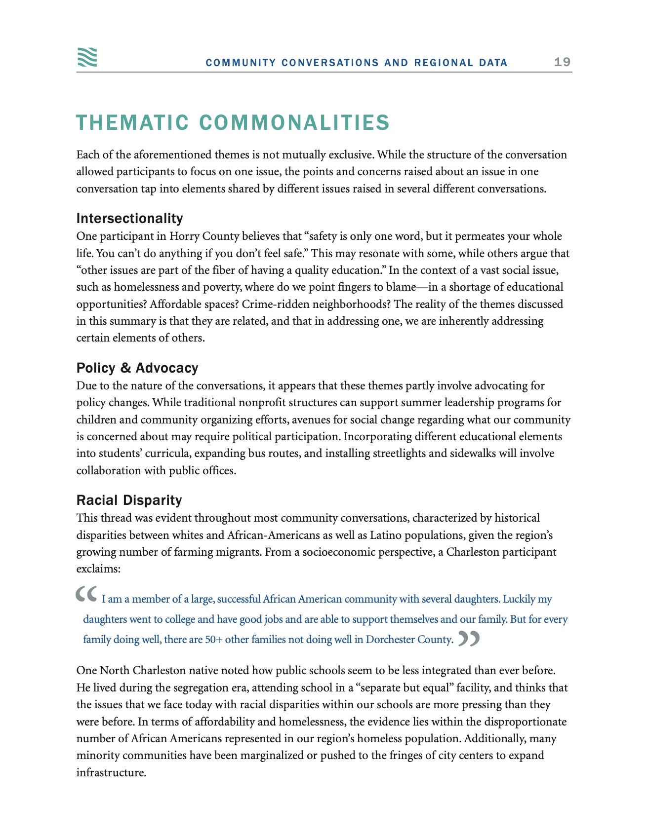 Thematic commonalities: intersectionality, policy and advocacy, and racial disparity