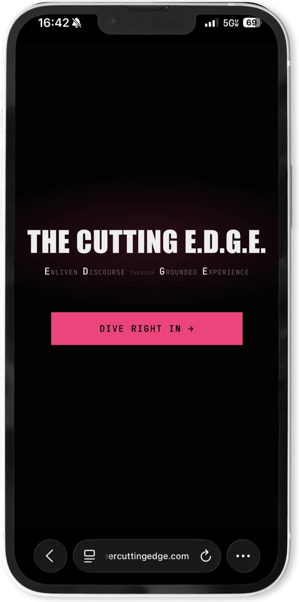 Phone showing The Cutting E.D.G.E. landing page: the title on black with a pink Dive Right In button