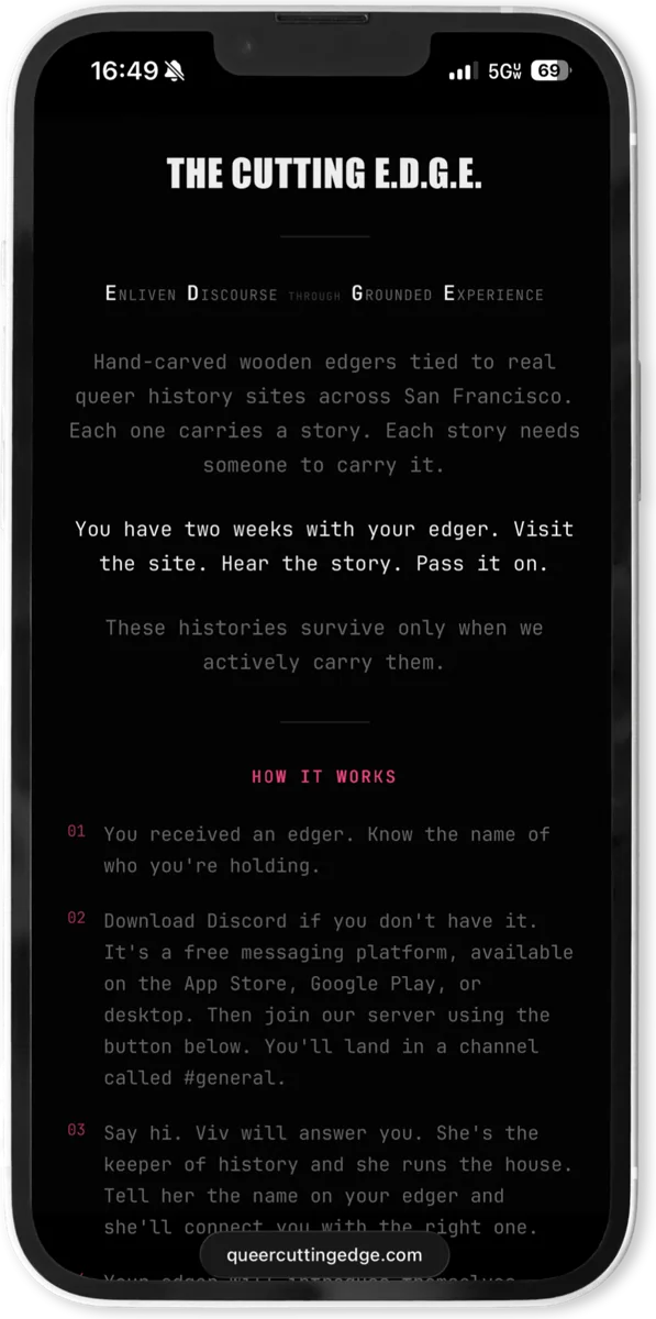 Phone showing the How It Works page: you have two weeks with your Edger; visit the site, hear the story, pass it on