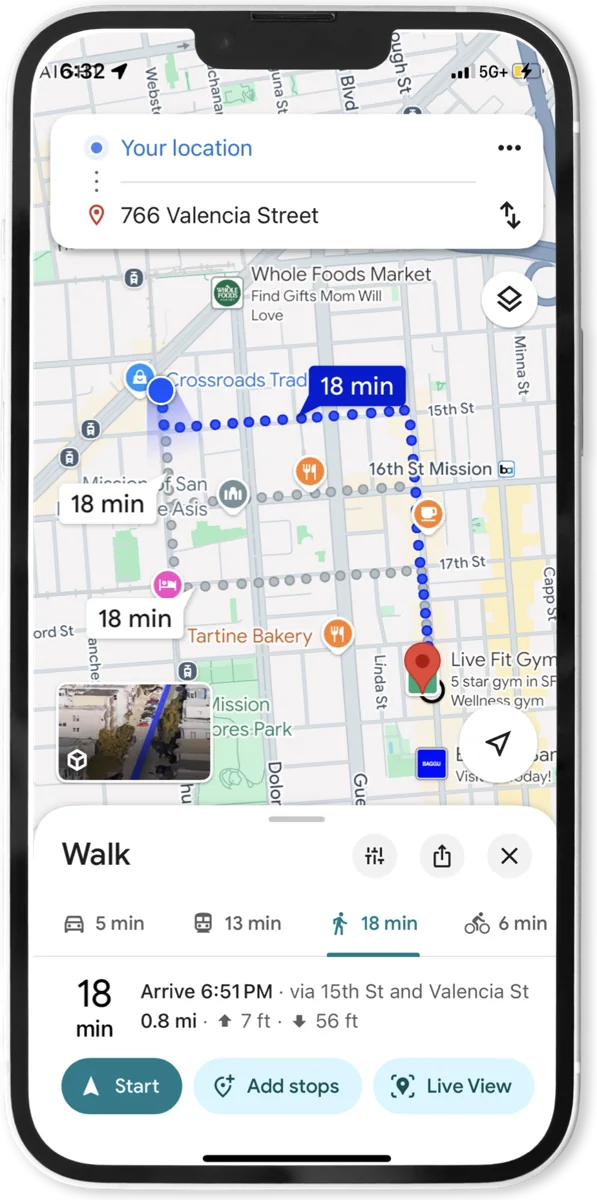 Phone showing an 18-minute walking route in Google Maps to 766 Valencia Street