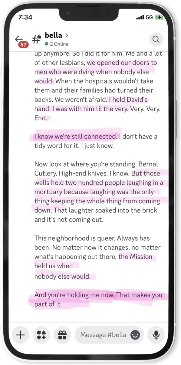 Phone showing a Discord chat in which the character Bella tells the story of the site, with key lines highlighted in pink