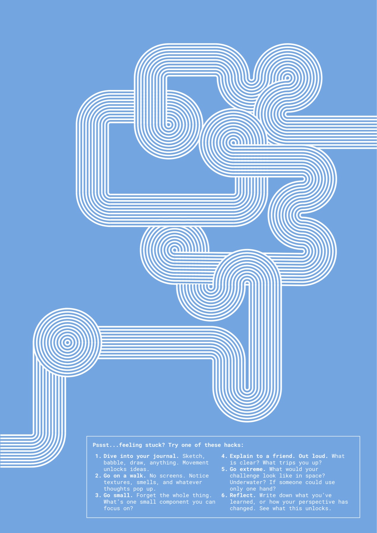Back cover: white looping line work on blue, with six hacks for getting unstuck, from diving into your journal to going extreme
